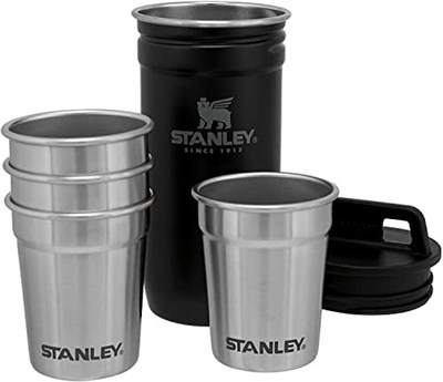 Stanley Adventure Pre-Party Flask and Nesting Shot Glass Set | 8 oz Leakproof Hip Flask | 4 Shot Glasses in Travel Carrying Case | Insulated Stainless Steel Liquor Flask | BPA-Free | Matte Black