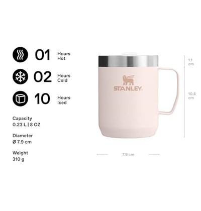 Stanley Classic Legendary Camp Mug Paslanmaz Çelik Termos Bardak, Pembe Kuvars (Rose Quartz), 0.23 Litre