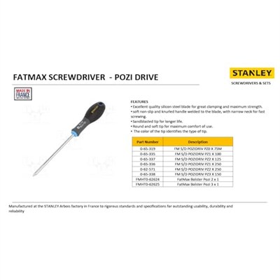 Stanley - FatMax Pozidriv PZ3 tornavida (150 mm bıçak uzunluğu, krom vanadyum ergonomik SoftGrip sap) 0-65-338, Gümüş
