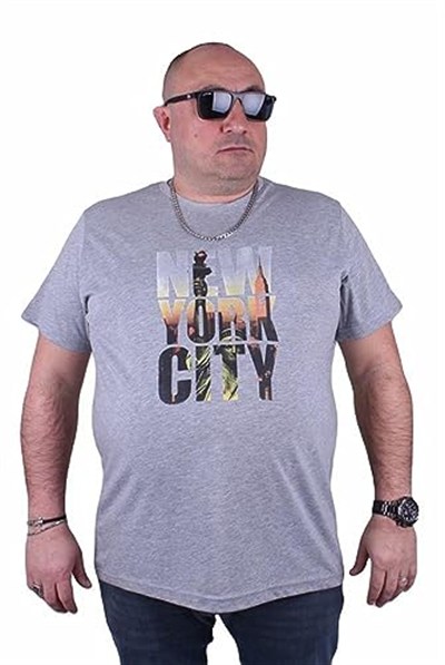 Starbattal Büyük Beden Sıfır Yaka Tişört New York City 23125 GRI MELANJ