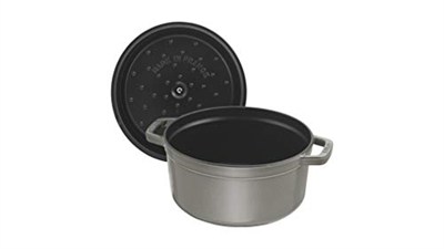 STAUB Dökme demir kızartma tavası / Cocotte buhar eklentili, yuvarlak 26 cm, 5.2 l, tencerenin içinde mat siyah emaye kaplama, grafit grisi