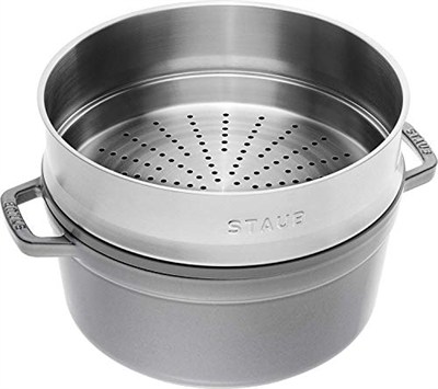 STAUB Dökme demir kızartma tavası / Cocotte buhar eklentili, yuvarlak 26 cm, 5.2 l, tencerenin içinde mat siyah emaye kaplama, grafit grisi