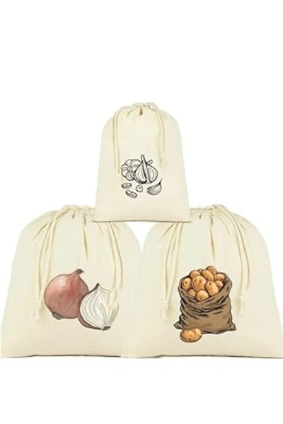 stonehill Patates, Soğan ve Sarmısak Saklama Torbası, 3lü Set, Ham Bez Kumaş, Çekme İpli