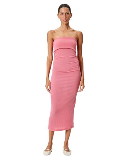 Straplez Elbise Midi Bodycon Bürümcük Kolsuz Drapeli Slim Fit Bürümcük