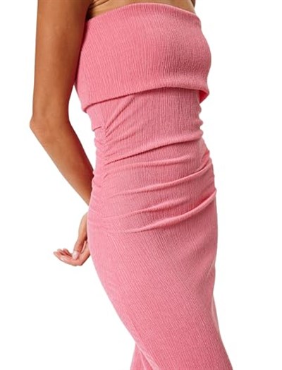 Straplez Elbise Midi Bodycon Bürümcük Kolsuz Drapeli Slim Fit Bürümcük