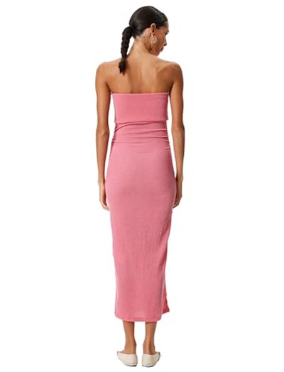 Straplez Elbise Midi Bodycon Bürümcük Kolsuz Drapeli Slim Fit Bürümcük