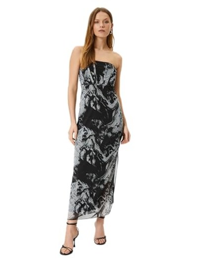 Straplez Midi Elbise Korse Detaylı