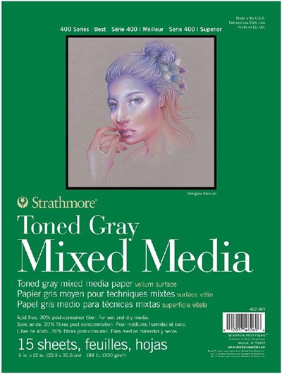 Strathmore Toned Gray Mixed Media, 400lü Serisi, Gri, Geri Dönüştürülmüş Karışık Medya Kağıdı, 300 g/m², Kısa Tarafı Yapıştırılmış Blok, 23 x 31 cm, Gri, 15 Yaprak