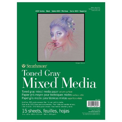 Strathmore Toned Gray Mixed Media, 400lü Serisi, Gri, Geri Dönüştürülmüş Karışık Medya Kağıdı, 300 g/m², Kısa Tarafı Yapıştırılmış Blok, 23 x 31 cm, Gri, 15 Yaprak