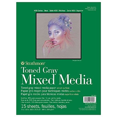 Strathmore Toned Gray Mixed Media, 400lü Serisi, Gri, Geri Dönüştürülmüş Karışık Medya Kağıdı, 300 g/m², Kısa Tarafı Yapıştırılmış Blok, 23 x 31 cm, Gri, 15 Yaprak