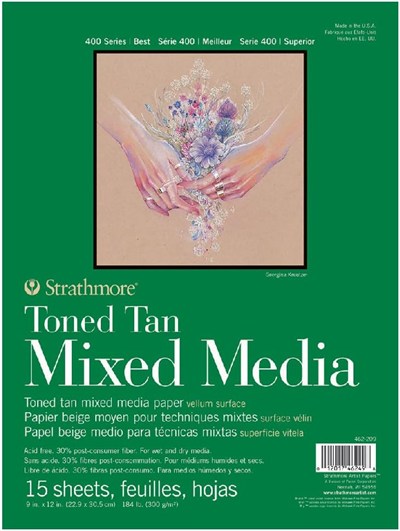 Strathmore Toned Gray Mixed Media, 400lü Serisi, Gri, Geri Dönüştürülmüş Karışık Medya Kağıdı, 300 g/m², Kısa Tarafı Yapıştırılmış Blok, 23 x 31 cm, Gri, 15 Yaprak