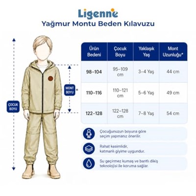 Su Geçirmez Çocuk Yağmur Montu Polar Astarlı Kapüşonlu Çocuk Yağmurluk Pure Mustard - Seçenekler: 98-104, 110-116, 122-128