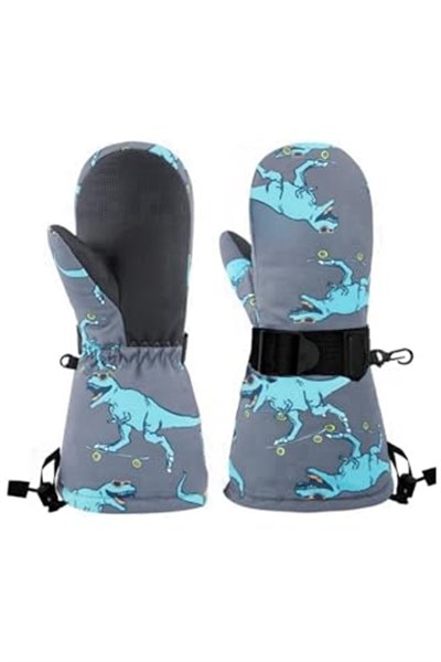 Su Geçirmez Erkek Çocuk Bere Eldiven Set 2-4 Yaş Kayak Snowboard Gri Mavi Dino, 2-4 Yaş
