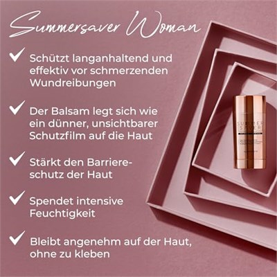 SUMMERSAVER Kadın yara önleyici çubuk, yara sürtünmelerine karşı uzun süreli ve etkili koruma, dermatolojik olarak test edilmiştir, SUMMERSAVER alüminyum içermez, PEG içermez, vegan, hayvanlar