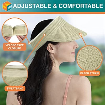SUN CUBE Güneşlik Şapkası Kadın, Plaj Şapkası Geniş Kenarlı Hasır UV Koruması, Katlanabilir Paketlenebilir Şapka, Roll Up At Kuyruğu Yaz Siperliği