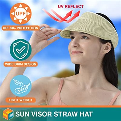 SUN CUBE Güneşlik Şapkası Kadın, Plaj Şapkası Geniş Kenarlı Hasır UV Koruması, Katlanabilir Paketlenebilir Şapka, Roll Up At Kuyruğu Yaz Siperliği
