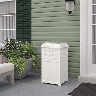 Suncast Veranda için 33 Galon Saklanan Çöp Kutusu - Reçine Kapaklı Dış Mekan Çöp Kutusu - Arka Bahçe, Güverte veya Terasta Kullanım - Beyaz, Model: GHW1732WH