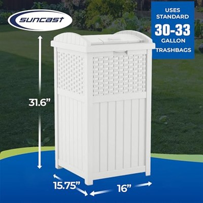 Suncast Veranda için 33 Galon Saklanan Çöp Kutusu - Reçine Kapaklı Dış Mekan Çöp Kutusu - Arka Bahçe, Güverte veya Terasta Kullanım - Beyaz, Model: GHW1732WH