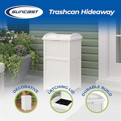 Suncast Veranda için 33 Galon Saklanan Çöp Kutusu - Reçine Kapaklı Dış Mekan Çöp Kutusu - Arka Bahçe, Güverte veya Terasta Kullanım - Beyaz, Model: GHW1732WH