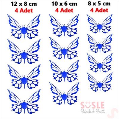 SüSLe Bebek ve Parti 3 Boyutlu Kelebek, Karton Sticker 12 Adet - Metalik Lacivert
