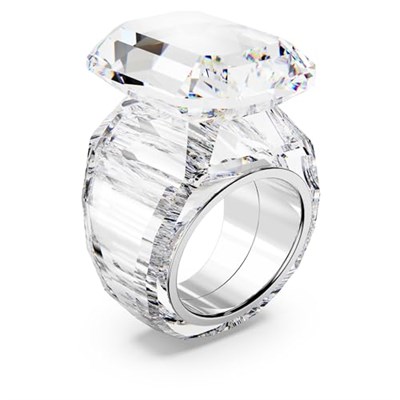 Swarovski Sekizgen Kesim Kristal/Paslanmaz Çelik Parlak Yüzük, 55 mm Boyut, Beyaz