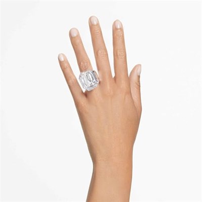 Swarovski Sekizgen Kesim Kristal/Paslanmaz Çelik Parlak Yüzük, 55 mm Boyut, Beyaz