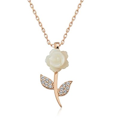 T5220 Gümüş Rose Beyaz Gül Kolye