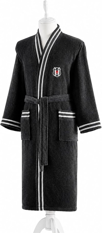 TAÇ Beşiktaş Siyah Beyaz Lisanslı Düz Pamuk Bornoz, Siyah, Beyaz, M