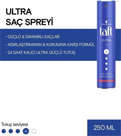 Taft Ultra Saç Spreyi 250 ml 24 Saat Kalıcı Tutuş Sağlayan Dayanıklı Formül