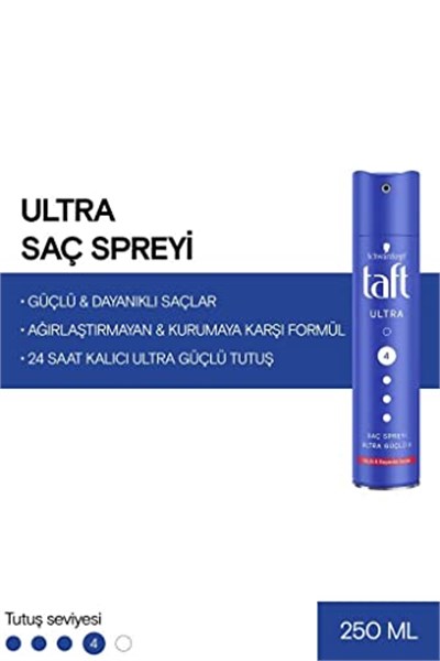 Taft Ultra Saç Spreyi 250 ml 24 Saat Kalıcı Tutuş Sağlayan Dayanıklı Formül