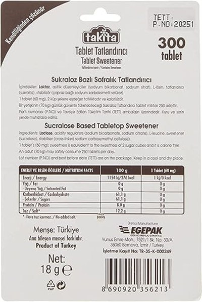 TAKİTA Sukralozlu Tablet Tatlandırıcı 100 Tablet