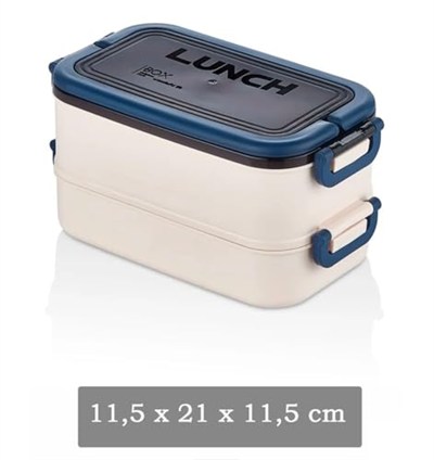 Taşınabilir Yemek Kabı 2 Katlı Lunch Box Diyet Beslenme Kutusu Saklama Kabı Çatal Kaşıklı Sefer Tası (lacivert)