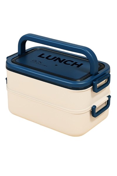Taşınabilir Yemek Kabı 2 Katlı Lunch Box Diyet Beslenme Kutusu Saklama Kabı Çatal Kaşıklı Sefer Tası (lacivert)