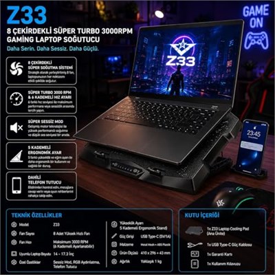 TechTic Z33 Laptop Soğutucu Standı 8 Fanlı Turbo 3000RPM Sessiz RGB Soğutucu 17İnç Ayarlanabilir