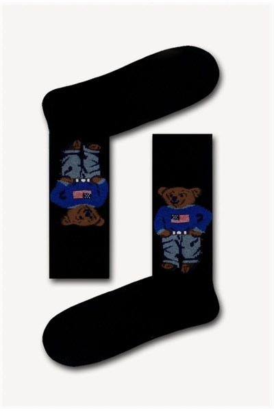 Teddy Bear Desen Siyah Unisex Soket Çorap Siyah Standart
