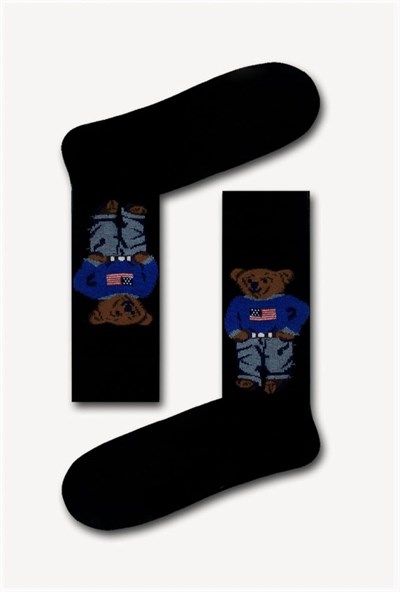 Teddy Bear Desen Siyah Unisex Soket Çorap Siyah Standart