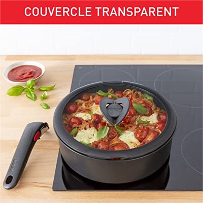Tefal Ingenio L9846302 cam kapak, 20 cm, yer tasarruflu saklama, katlanır sap, hızlı pişirme, Ingenio uyumlu, bulaşık makinesinde yıkanabilir, yüksek performans, şeffaf ve siyah