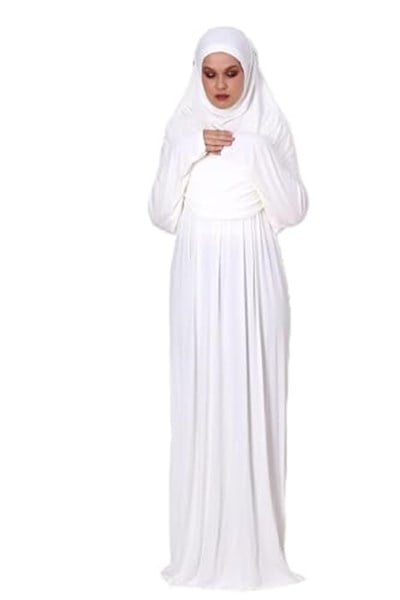 Tek Parça Pratik Başörtülü Robalı Namaz Elbisesi 8015 Kırık Beyaz