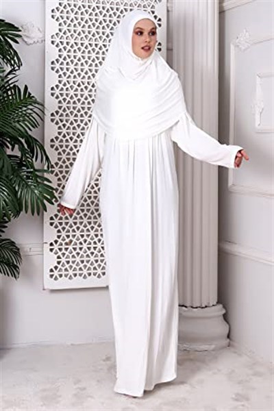 Tek Parça Pratik Başörtülü Robalı Namaz Elbisesi 8015 Kırık Beyaz