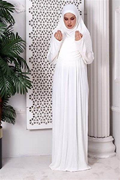 Tek Parça Pratik Başörtülü Robalı Namaz Elbisesi 8015 Kırık Beyaz