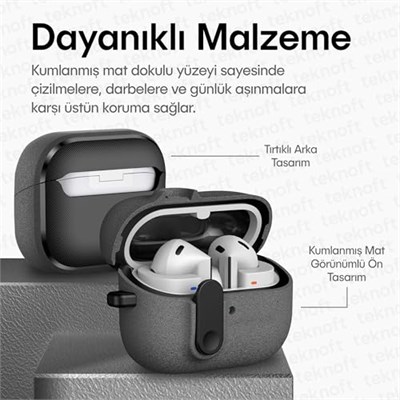 Teknoft Samsung Galaxy Buds 3 Pro, Buds 3 ve Buds 3 FE ile Uyumlu Mandallı Kapak Kilit Sistemli Kumlanmış Mat Dokulu Darbelere Dayanıklı Hibrit Kılıf (Gri, Galaxy Buds 3 Pro/3/3 FE)