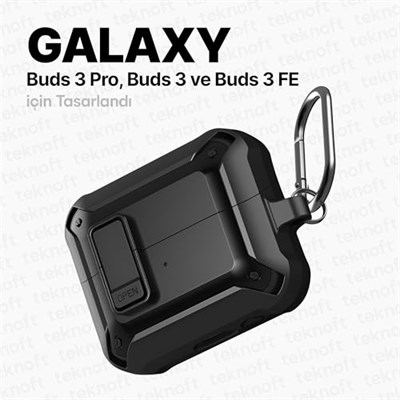 Teknoft Samsung Galaxy Buds 3 Pro, Buds 3 ve Buds 3 FE ile Uyumlu Mandallı Kapak Kilit Sistemli Mat Dokulu Darbelere Dayanıklı Premium Silikon Kılıf