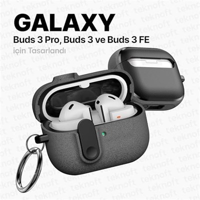 Teknoft Samsung Galaxy Buds 3 Pro, Buds 3 ve Buds 3 FE ile Uyumlu Mandallı Kapak Kilit Sistemli Kumlanmış Mat Dokulu Darbelere Dayanıklı Hibrit Kılıf (Gri, Galaxy Buds 3 Pro/3/3 FE)