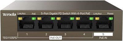 Tenda 5 Port PoE Anahtarı, Güç Kaynağı Olmaz, Gigabit PoE Powered Switch (1 PoE In & 4 PoE Out, Tak ve Çalıştır PoE PD Switch, Fansız, Metal Gövde) (TEG1105PD)