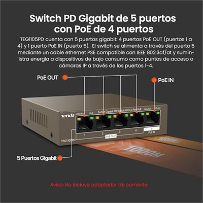 Tenda 5 Port PoE Anahtarı, Güç Kaynağı Olmaz, Gigabit PoE Powered Switch (1 PoE In & 4 PoE Out, Tak ve Çalıştır PoE PD Switch, Fansız, Metal Gövde) (TEG1105PD)