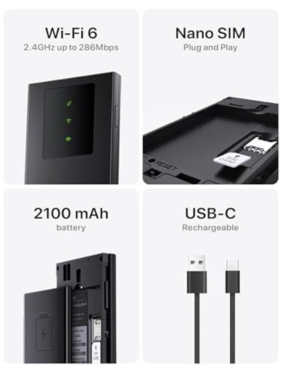 Tenda MF3 WiFi sabun, SIM 4G LTE Cat4, kablosuz WiFi 6 AX300 taşınabilir, şarj edilebilir pil, USB-C bağlantı noktası, WPA3, SIMli WiFi Hotspot, yapılandırmasız, tak ve çalıştır