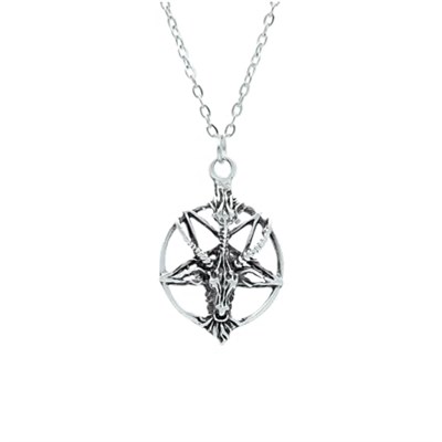 Ters Pentagram Keçi Kafası Erkek Kadın Kolye Antik Gümüş Kaplama - 60 cm Düz Zincir
