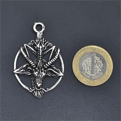 Ters Pentagram Keçi Kafası Erkek Kadın Kolye Antik Gümüş Kaplama - 60 cm Düz Zincir