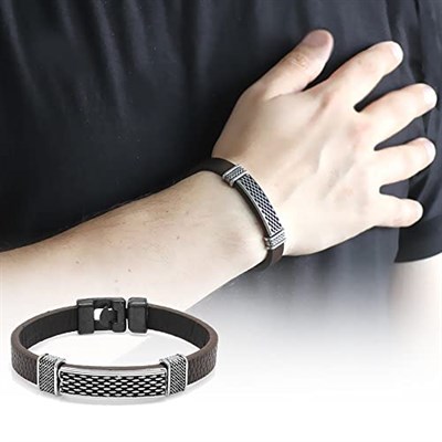 (Tesbihane) Nokta İşlemeli Kahverengi Kararmaz Metal-Deri Kombinli Erkek Bileklik