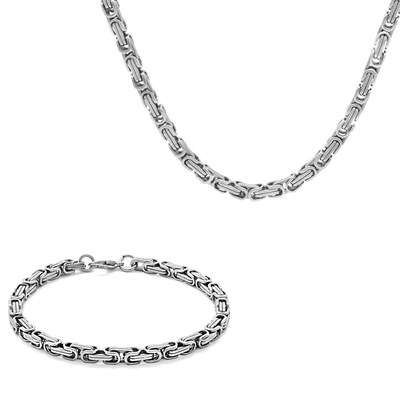 (Tesbihane) Silver Renk Kalınlık 5 mm 317L Çelik Kral Zincir&Bileklik Kombini
